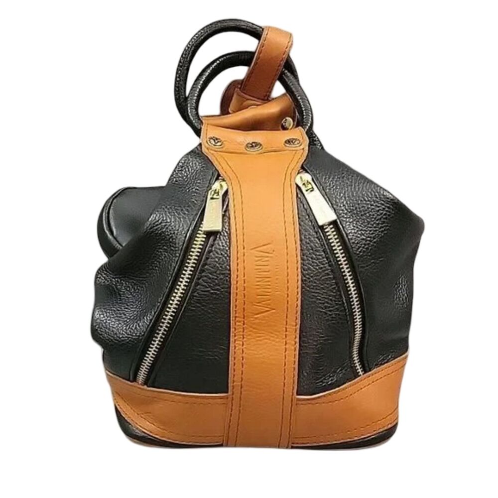 Valentina Made in Italy Black / Tan leather sling back, Mini backpack